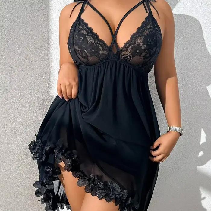Chemise de nuit sexy en dentelle grande taille, col en V, en maille transparente, vêtements de nuit pour femmes, confortables, respirants, décontractés, pour la maison