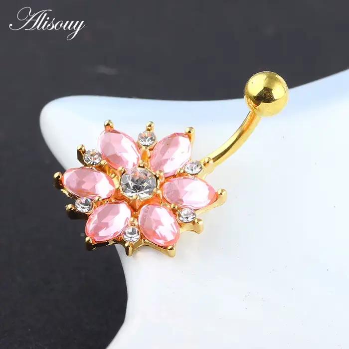 Alisouy 1 pièces acier chirurgical corps Piercing bijoux fleur nombril barre de ventre Pircing ventre Piercing nombril anneaux pour les filles