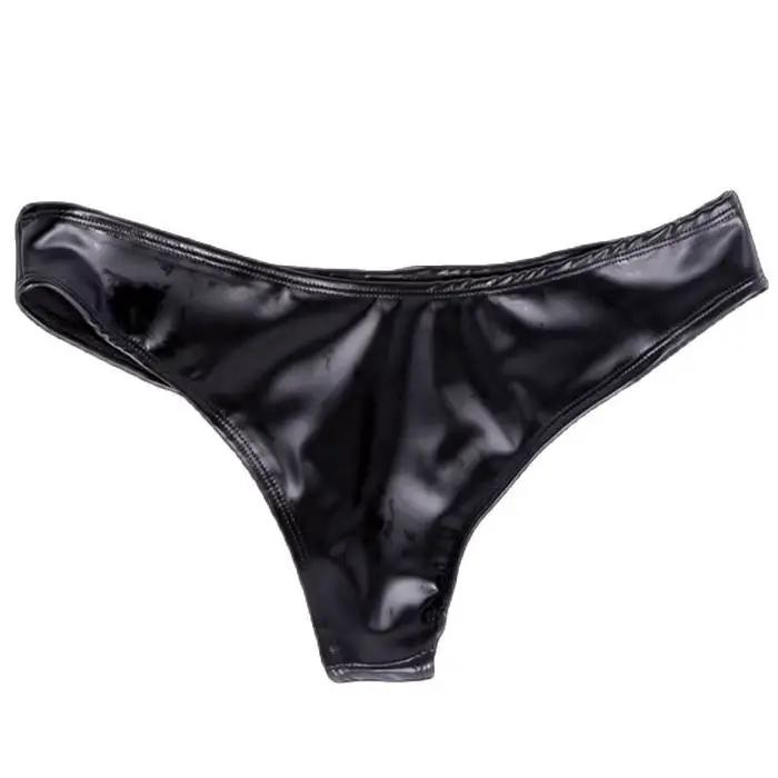 Culotte en cuir à entrejambe en T pour femme, sous-vêtement sexy, grande taille, aspect mouillé, brillant, slip à riz bas, fourche étroite, lingerie amusante