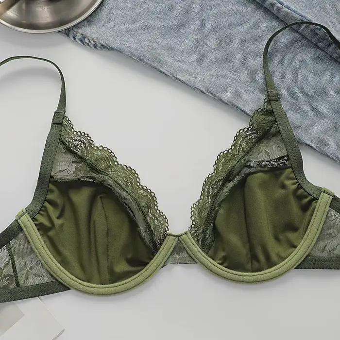 Soutien-gorge sexy en dentelle florale pour femme, avec armatures, décolleté plongeant en V, sans rembourrage, lingerie confortable, bretelles réglables, élégant, vert, pour tous les jours