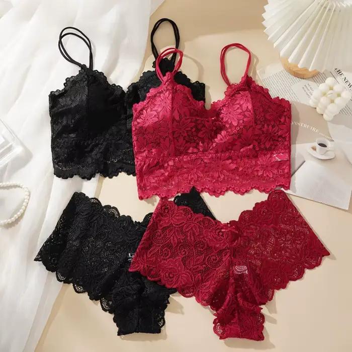 Costume de soutien-gorge en dentelle pour femmes, ensemble solide, beau dos ajouré, sans anneau en acier, sous-vêtements avec dentelle fleur, culotte respirante