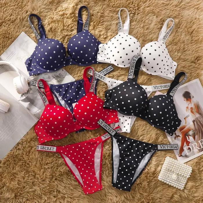Victoria Secret – ensemble soutien-gorge et culotte push-up en dentelle à pois pour femmes, lingerie sexy, vêtements de nuit, grande taille, confortables et luxueux, nouvelle collection