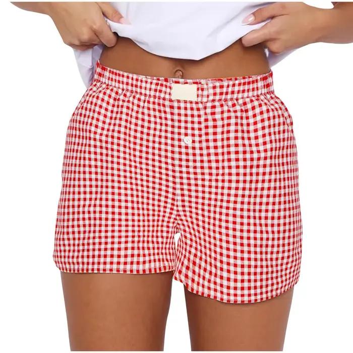 Boxer vichy pour femmes et adolescentes, pyjama à carreaux vichy, short de salon de sommeil, tenue d'été, mignon, rouge