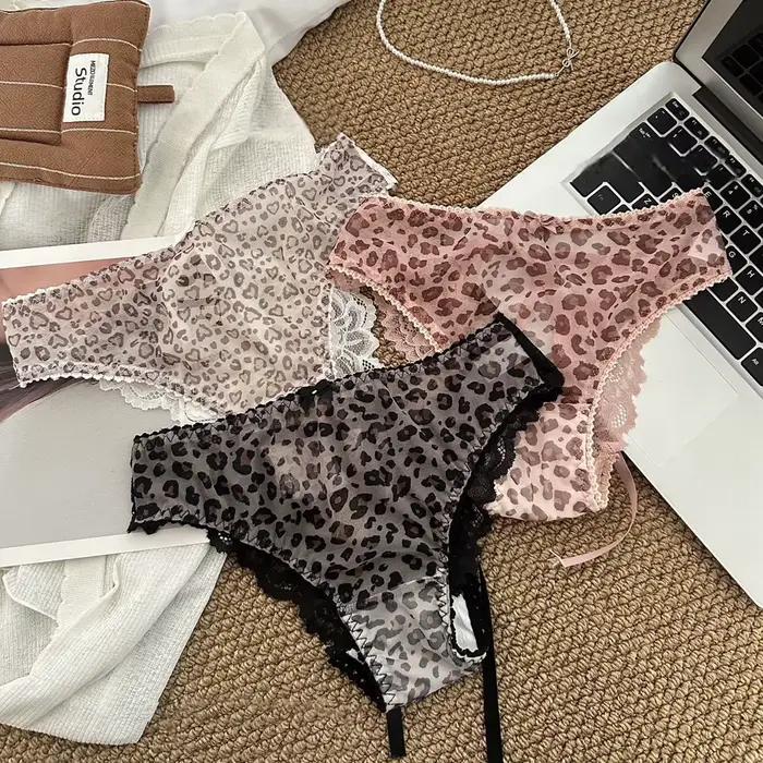 Culottes pour femmes taille basse sexy en pur coton avec dentelle, transparentes, ajourées, nœud papillon, imprimé léopard, respirantes