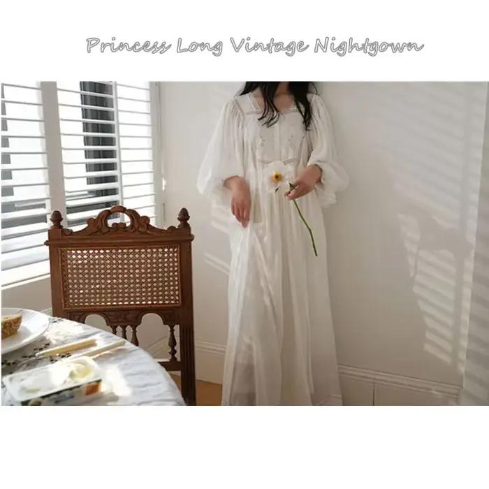 Chemise de nuit blanche en dentelle pour femme, chemise de nuit vintage, col carré, manches longues, longueur rinçage, 100% coton