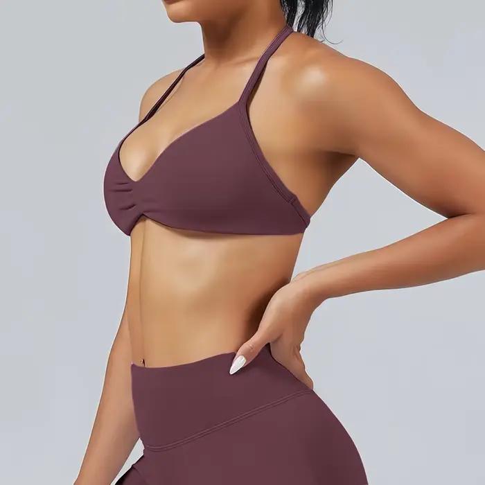 HISTELLO Impacts Soutien-gorge de sport à bretelles fines pour femme, maintien élevé, sans couture, effet push-up froncé, pour l'entraînement et le yoga