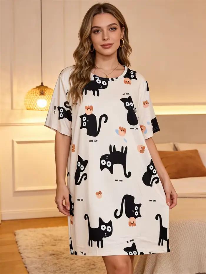 Chemise de nuit pour femmes, imprimé chat noir, ample, grande taille, robe courte d'été, chemise de nuit sexy pour femmes, vêtements de nuit pour filles