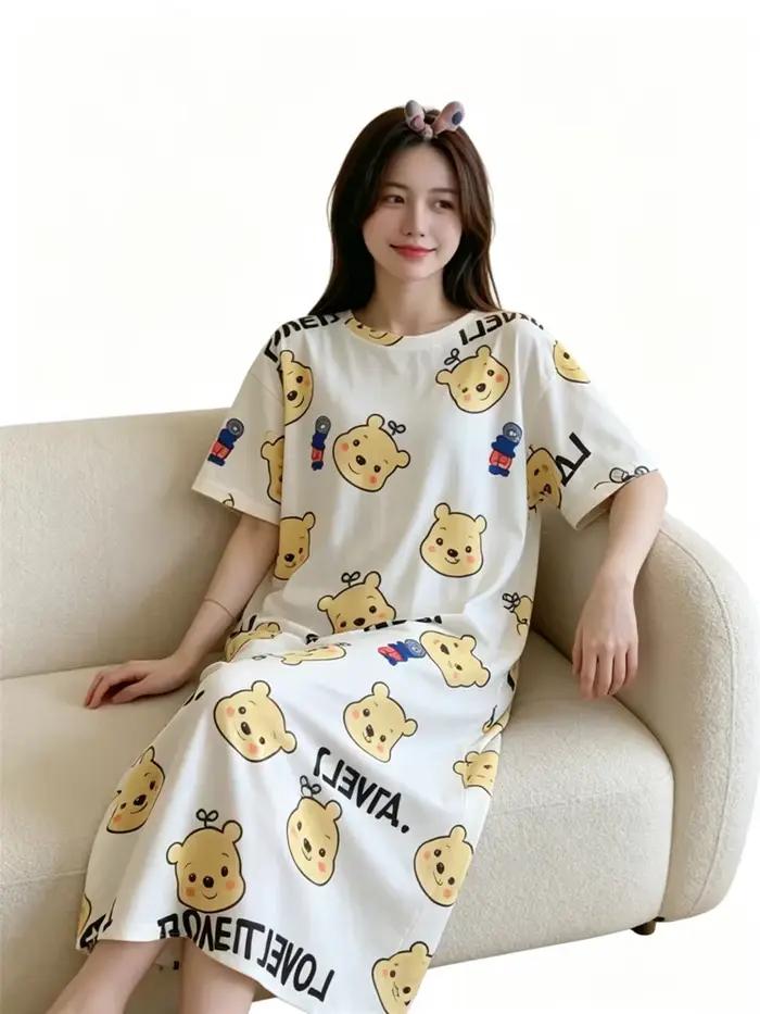 Chemise de nuit pour femmes, version coréenne, vêtements d'intérieur pour filles, style doux, motif dessin animé mignon, pyjama ample et léger, Kawaii, respirant et décontracté