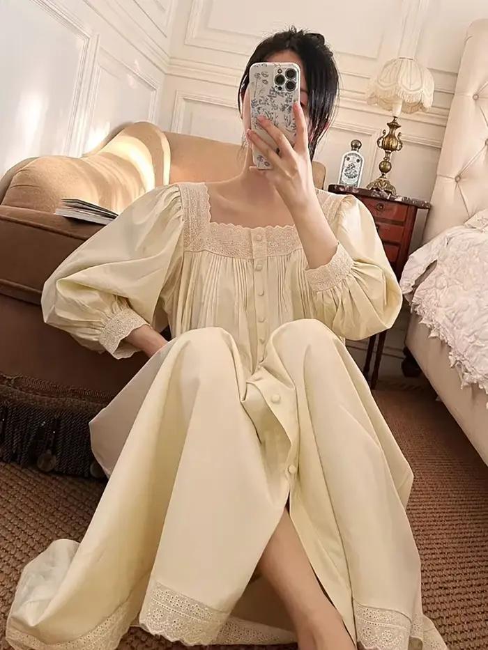 Femmes robe de nuit printemps automne pur coton à manches longues Peignoir romantique Vintage chemises de nuit vêtements de nuit princesse vêtements de nuit
