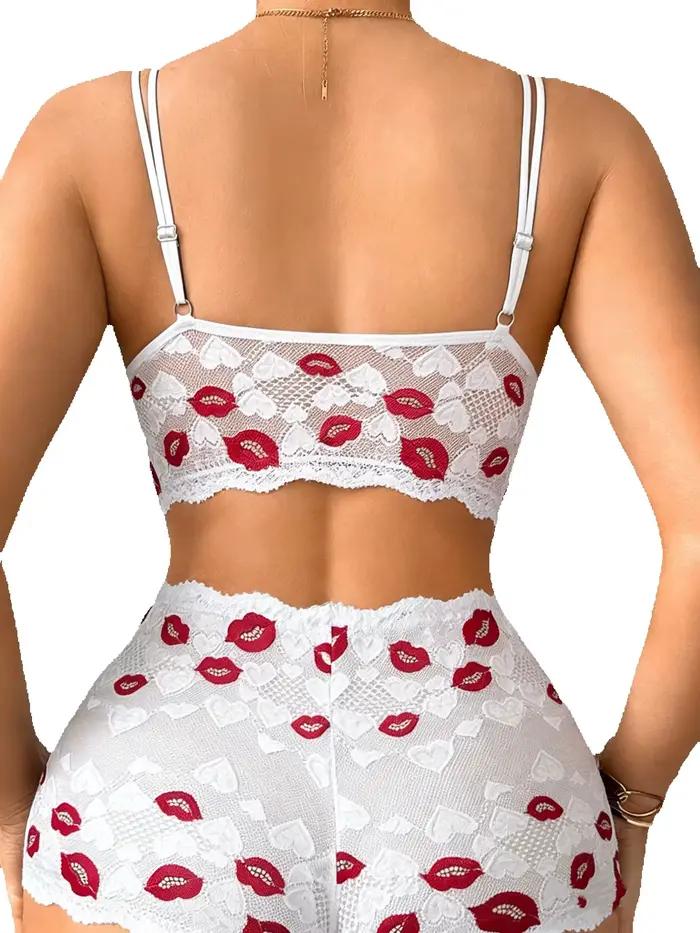 Ensemble de lingerie sexy pour femme avec imprimé lèvres, soutien-gorge camisole en dentelle ajourée sans doublure à bonnets fins sans armatures et culotte transparente