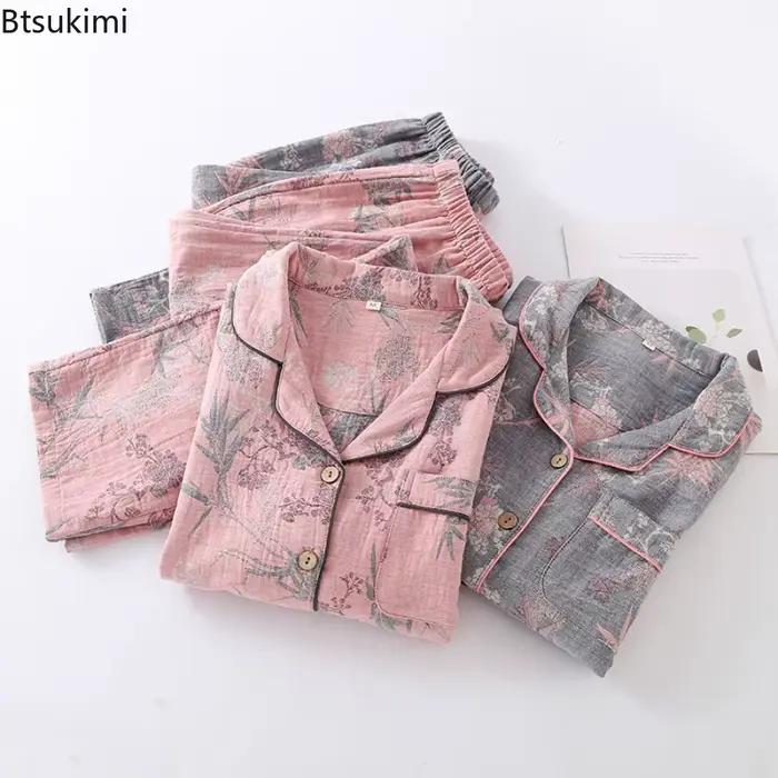 Pyjama rétro à manches longues pour femmes, pantalon en pur coton, Double couche, teint en fil, vêtements de nuit simples, décontractés, amples, vêtements de détente pour dames