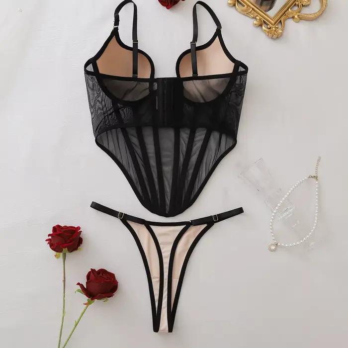 Ellolace Ensemble de Lingerie Séduisante pour Femme, Soutien-gorge Corset Push-Up Sexy et String, 2 Pièces, Style Rétro Palais, en Maille Transparente, Effet Sculptant, Couleurs Contrastées