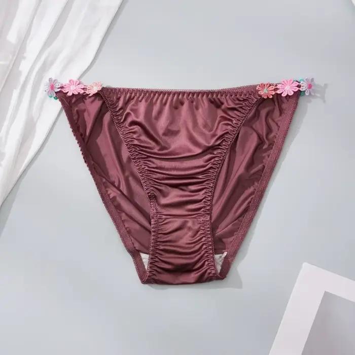 Culottes en satin de soie taille basse respirantes à motif floral avec entrejambe en coton pour femme – Cadeau idéal