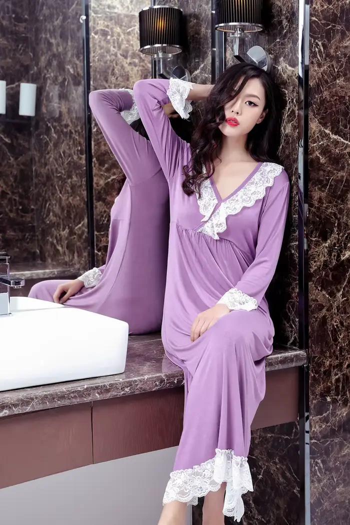 Chemise de nuit à col en V profond pour femmes, vêtements de nuit élastiques respirants, robe de nuit longue princesse, modal, printemps, automne, nouveau