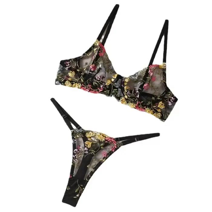 Ensemble de Lingerie brodée florale pour femmes, 2 pièces, soutien-gorge Boho transparent + culotte, ensemble de sous-vêtements intimes