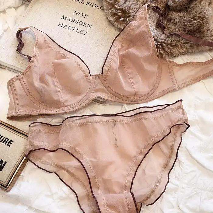 Velikostní minimalizační podprsenka s kosticemi Francouzský styl Trojúhelníkový košíček Push Up Sexy síťovaný set