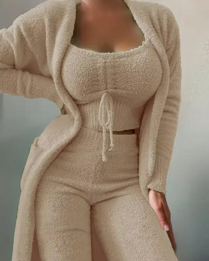 Ensemble pyjama en velours pour femme, haut court, pantalon Long, manteau, costume 3 pièces, chaud et doux, polaire, vêtements de maison, nouvelle collection automne hiver 2026, S-3XL