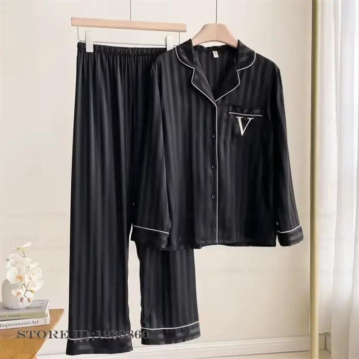 Pyjama femme 2 pièces ensemble mode noir glace vêtements de nuit en soie pantalon costumes vêtements de salon printemps automne nouveaux vêtements de nuit vêtements de maison amples