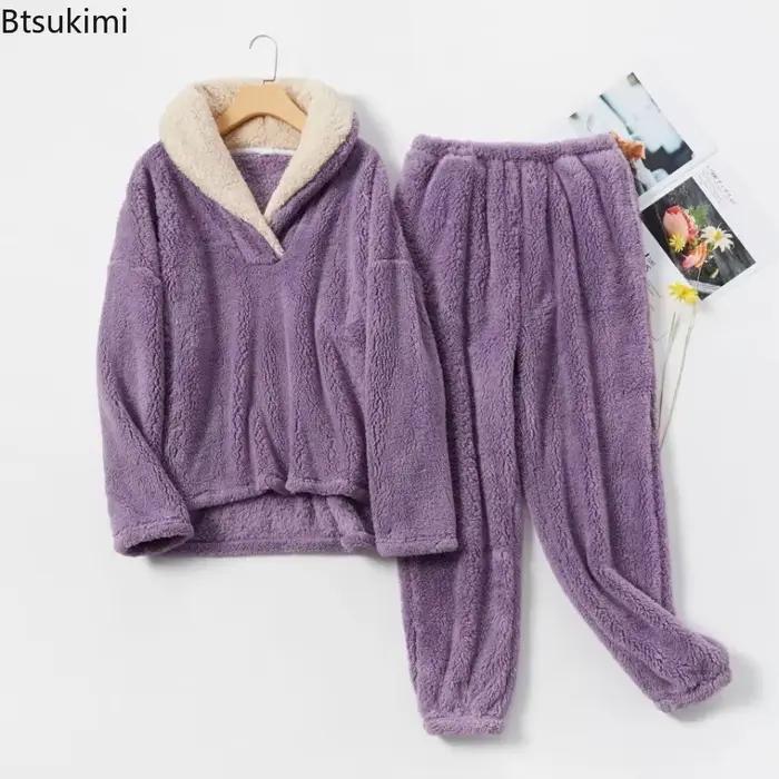 Ensemble pyjama pour femmes, doux, confortable, moelleux, vêtements de nuit, pulls à manches longues, pantalons, ample, peluche, chaud, vêtements de maison, nouvelle collection 2026
