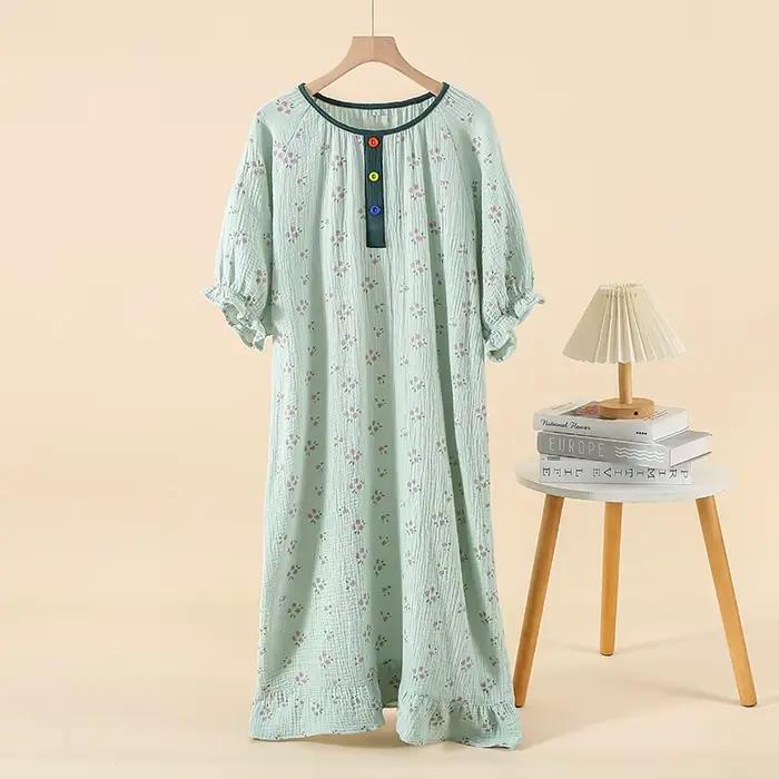 Chemise de nuit d'été en gaze crêpe, dentelle douce, manches courtes, ample, col rond, chemises de nuit pour femmes, vêtements de maison doux