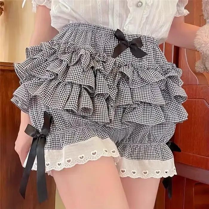 Culottes plissées noires et blanches pour femme, culottes mignonnes style citrouille, short de sécurité lolita à nœud, pantalon vintage, bloomers victoriens