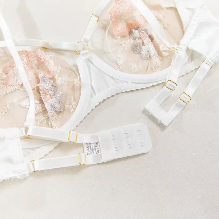 Ensemble de lingerie brodée florale de style français, soutien-gorge et culotte transparents ajourés, porte-jarretelles fantaisie, sous-vêtements érotiques pour femmes