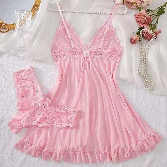Rose Transparent Sexy Lingerie femmes culottes voir à travers les vêtements de nuit dentelle col en V chemise de nuit et string ensembles sous-vêtements féminins slips