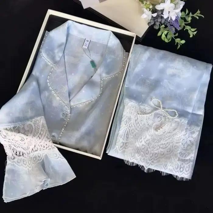 Pyjama à manches longues et pantalon en dentelle pour femme, vêtements de maison français, doux, confortable, à la mode, haute qualité, nouveau