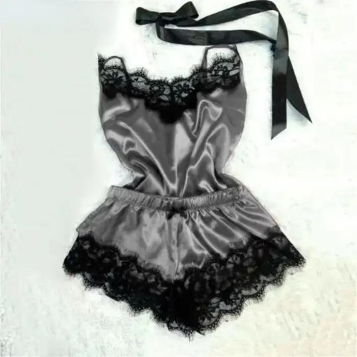 Ensemble pyjama en Satin et dentelle pour femmes, vêtements de nuit, col en v, extensible, Lingerie Sexy, bretelles, haut, short, vêtements de nuit