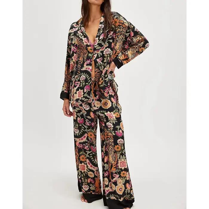 Ensemble pyjama 2 pièces en Satin de soie pour femmes, motif Floral, ample, jambes larges, pantalon de nuit avec chemises boutonnées à manches longues