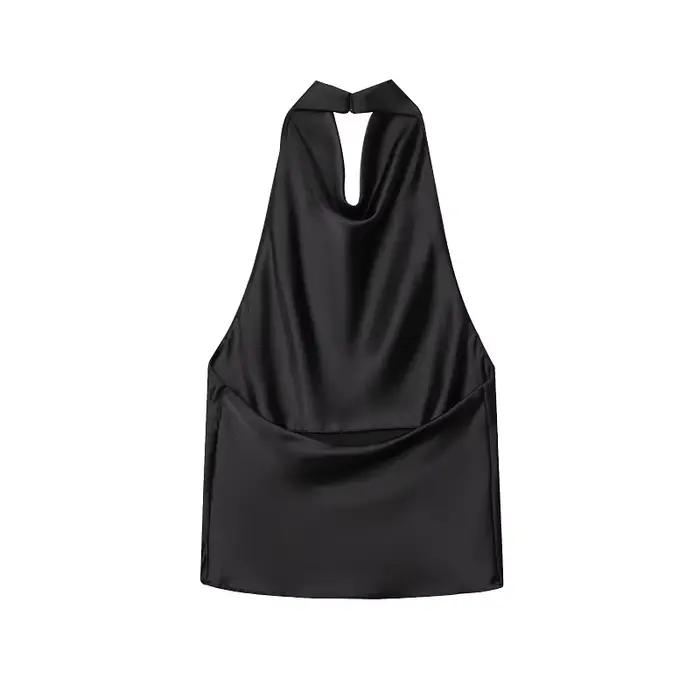Dámský halter top 2026 – Saténový top s odhalenými zády v černé barvě