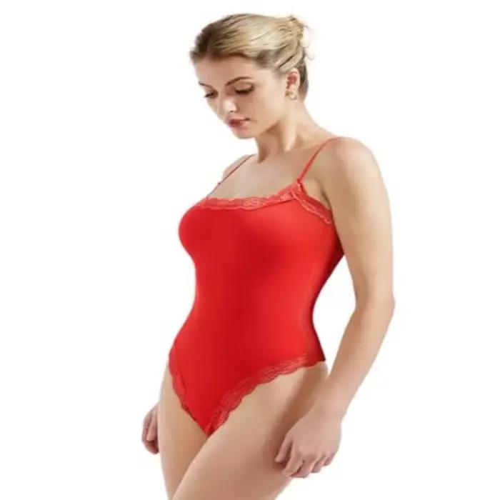 Femmes rouge justaucorps Body costumes hauts Sexy col carré string Body Cami dentelle Body débardeur rose