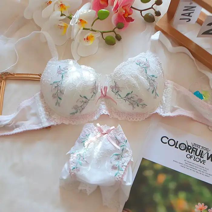 Ensemble de Lingerie en dentelle brodée florale pour femmes, mince et rond, pour la maison, avec anneau en acier, soutien-gorge, caleçon, costume