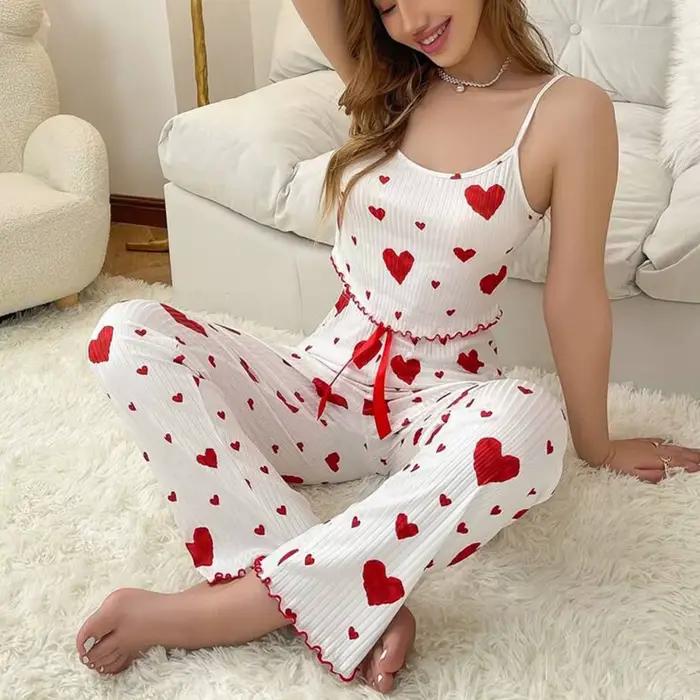 Pyjama grande taille pour femmes, ensemble 2 pièces, gilet court + pantalon, blanc, respirant, doux, décontracté, imprimé d'amour