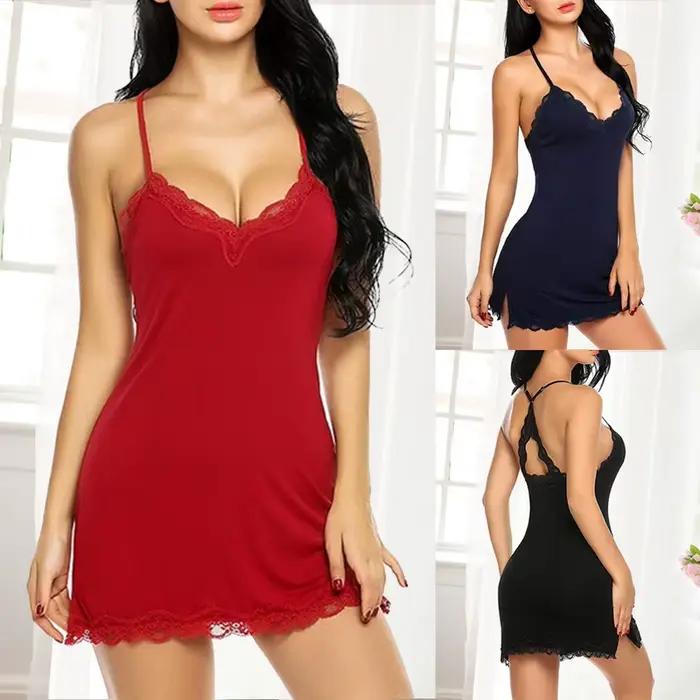 Grande taille 2XL Lingerie Sexy vêtements de nuit femmes soie Satin robe de nuit nuisette dentelle maille vêtements de nuit