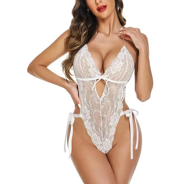 Body Sexy en dentelle pour femmes, Lingerie pour dos nu, couleur unie, une pièce, à bretelles, col licou, Costume érotique, teddy