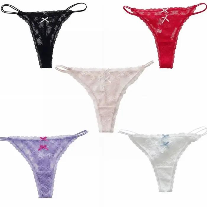 Culotte string transparente en dentelle pour femme, style doux, fines bretelles, sans couture, sous-vêtement en maille avec nœud, pour usage quotidien