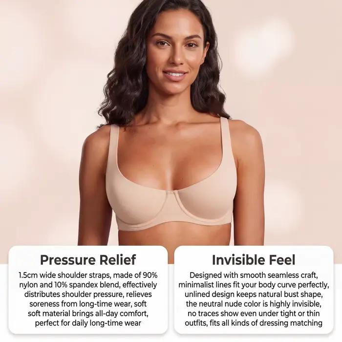Soutien-gorge sans couture pour femme, sensation seconde peau, avec armatures, sans rembourrage, en nylon, maintien liftant, bretelles larges, soulagement de la pression, confort quotidien
