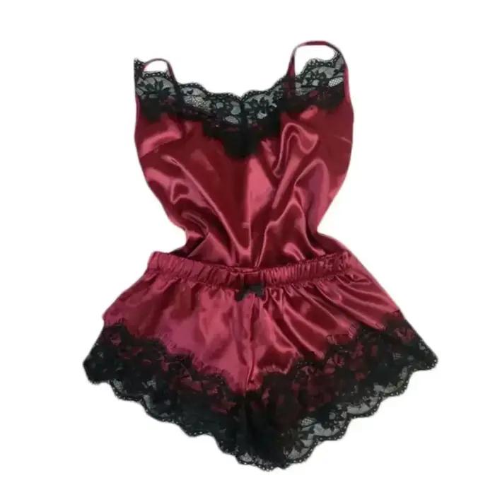 Ensemble pyjama en Satin et dentelle pour femmes, vêtements de nuit, col en v, extensible, Lingerie Sexy, bretelles, haut, short, vêtements de nuit