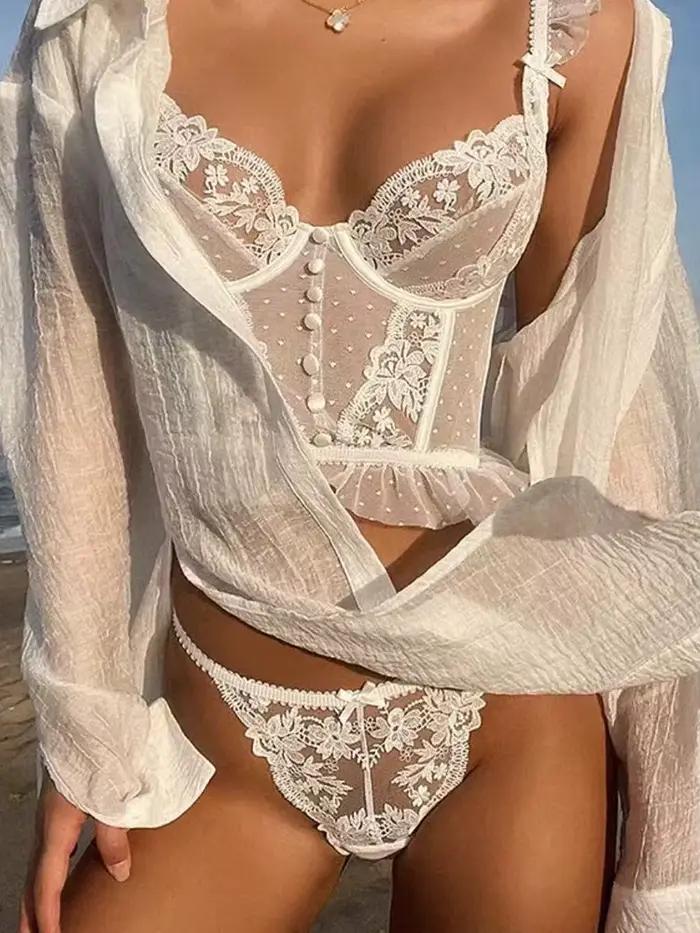  Tanga Dentelle Française Noël Pure Desire Transparent Fente Haute Sans Retirer Érotique T Pantalon Confort Taille S-XL MOYISU AB