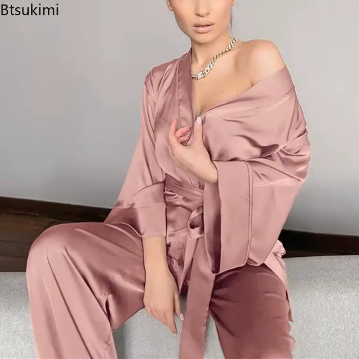 Ensemble pyjama assorti avec ceinture pour femmes, pièces de remorquage en Satin, doux et ample, décontracté, couleur unie, vêtements de nuit pour la maison, 2026