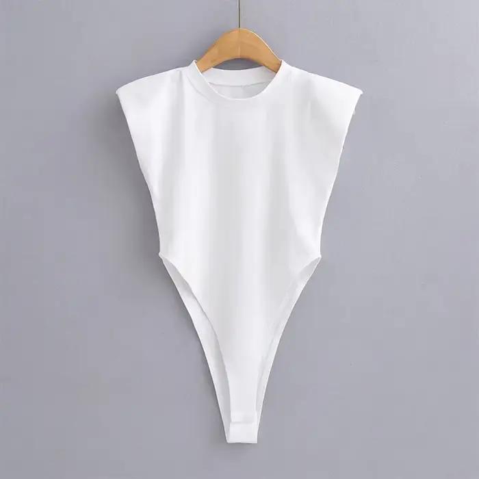 Body moulant une pièce pour femme, combinaison rembourrée à épaules, noir, sans manches, blanc, été, 2024