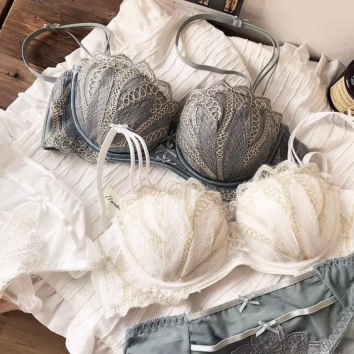 Ensemble de soutien-gorge Push Up en dentelle brodée, demi-tasse, petits seins, épais, coussinet réglable, culotte, sous-vêtements pour fille
