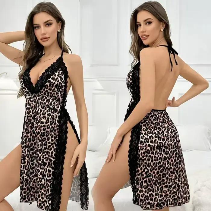 Chemise de nuit sexy dos nu imprimé léopard avec bordure en dentelle, robe de lingerie licou en V profond pour femmes, vêtements de nuit doux à fente latérale sexy chic