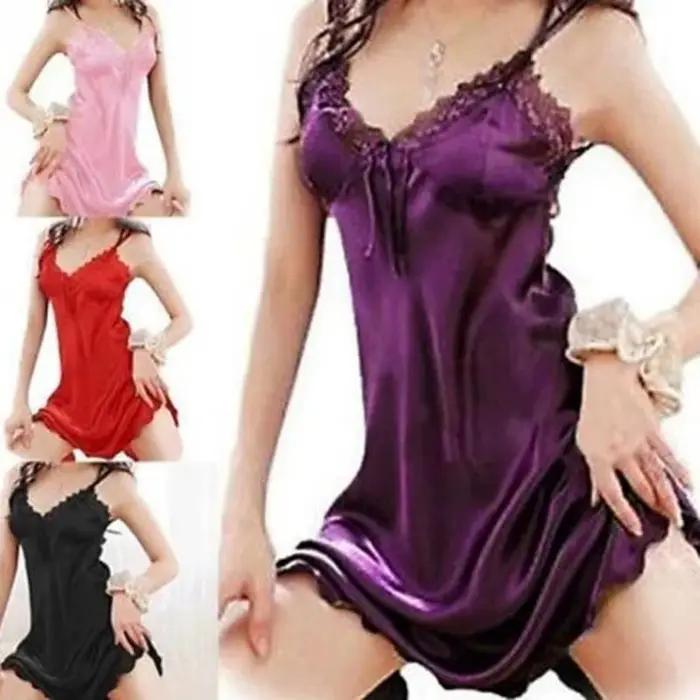 Robe élégante en dentelle pour femme, chemise de nuit en satin de soie, robe babydoll sexy à épaules dénudées, vêtements de nuit doux et confortables pour femmes