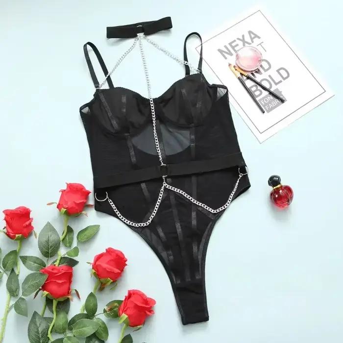 Body de Fitness noir pour femmes, Lingerie Sexy avec chaîne licou, transparent, dos nu, Teddy