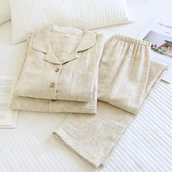 Ensemble de pyjama jacquard pour couples, vêtements de nuit en coton et lin texturé, style minimaliste japonais, ensemble de vêtements de détente 2 pièces pour hommes et femmes
