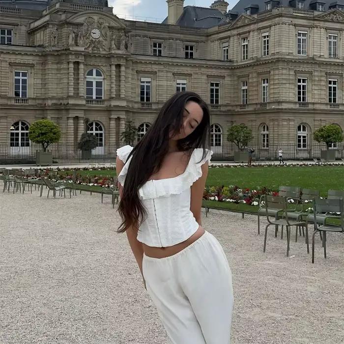 Top Corset Blanc Effet Os de Poisson pour Femme, à Volants, Col Carré, Dos Nu, à Lacets, Sans Manches, Coupe Moulante, Crop Top, pour Soirée, Été, Y2K