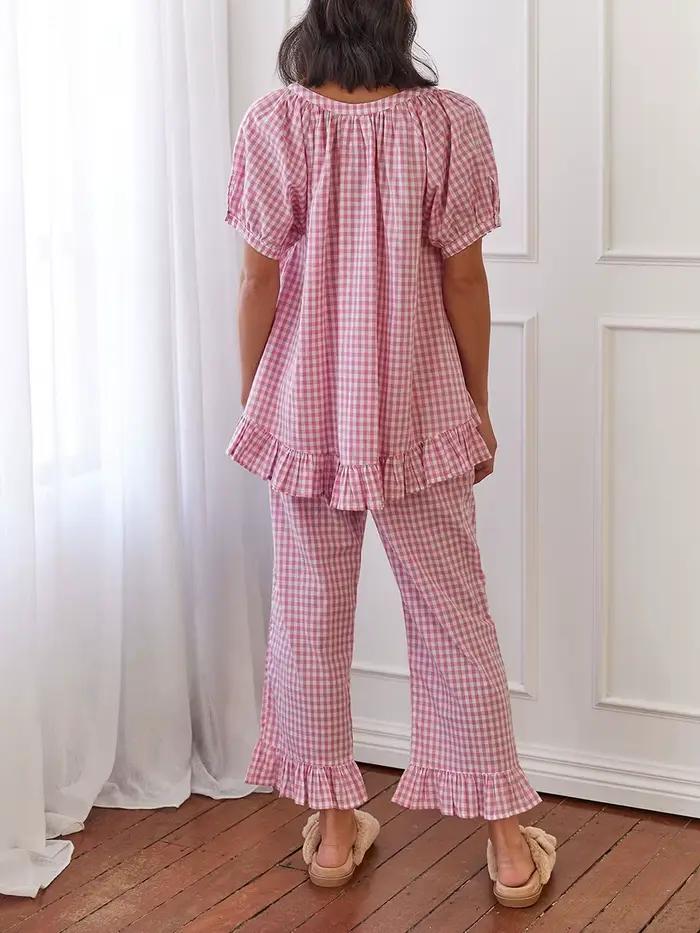 Pyjama à carreaux à manches bouffantes sur le devant pour femmes, chemise nuisette, pantalon vichy, ensemble de salon PJ, vêtements de nuit, Y2K, 2 pièces