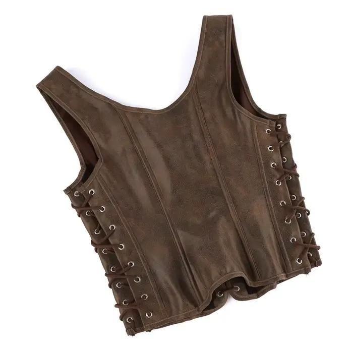 Gilet Corset Marron Style Vintage Steampunk pour Femme, Haut Médiéval Renaissance à Lacets